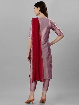 Violet color art silk blend foil embroidered work kurti pant dupatta 4