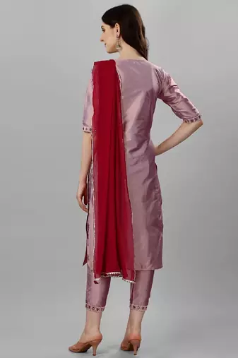 Violet color art silk blend foil embroidered work kurti pant dupatta