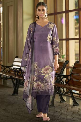 Purple silk crepe hand wash printed straight kurta with comfort fitting pant & printed dupatta