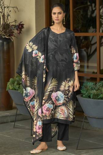 Black silk crepe hand wash printed straight kurta with comfort fitting pant & printed dupatta