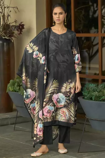 Black silk crepe hand wash printed straight kurta with comfort fitting pant & printed dupatta