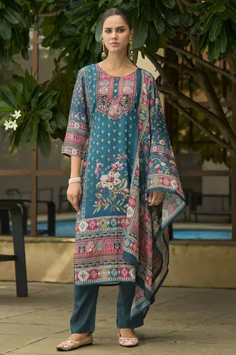 Teal silk crepe hand wash printed straight kurta with comfort fitting pant & printed dupatta