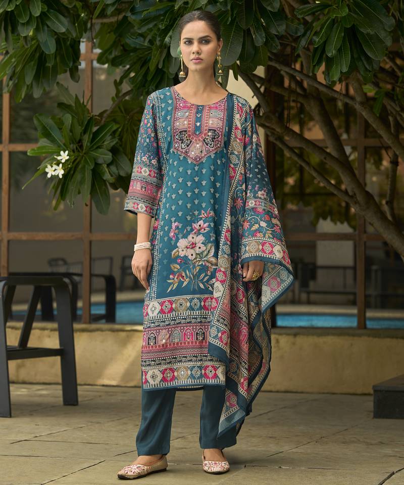 Teal silk crepe hand wash printed straight kurta with comfort fitting pant & printed dupatta