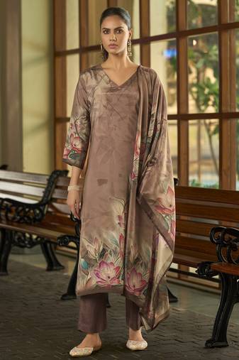 Brown silk crepe hand wash printed straight kurta with comfort fitting pant & printed dupatta