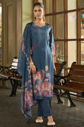 Teal blue silk crepe hand wash printed straight kurta with comfort fitting pant & printed dupatta