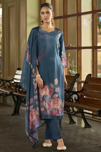 Teal blue silk crepe hand wash printed straight kurta with comfort fitting pant & printed dupatta