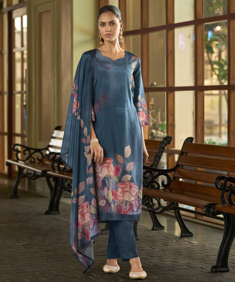 Teal blue silk crepe hand wash printed straight kurta with comfort fitting pant & printed dupatta