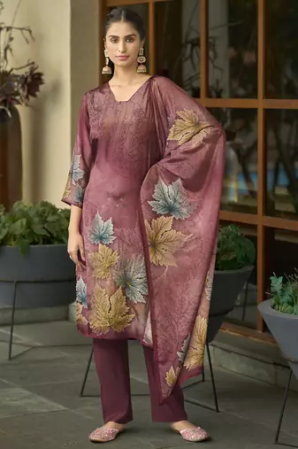 Maroon silk crepe hand wash printed straight kurta with comfort fitting pant & printed dupatta