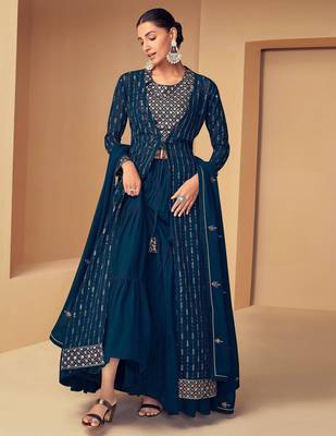 FIROZI EMBROIDERED SEQUINED WORK GEORGETTE FABRIC PARTY LEHENGA CHOLI DUPATTA WITH SHRUG. 1
