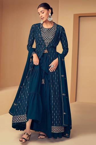FIROZI EMBROIDERED SEQUINED WORK GEORGETTE FABRIC PARTY LEHENGA CHOLI DUPATTA WITH SHRUG.