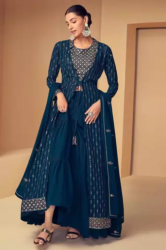FIROZI EMBROIDERED SEQUINED WORK GEORGETTE FABRIC PARTY LEHENGA CHOLI DUPATTA WITH SHRUG.