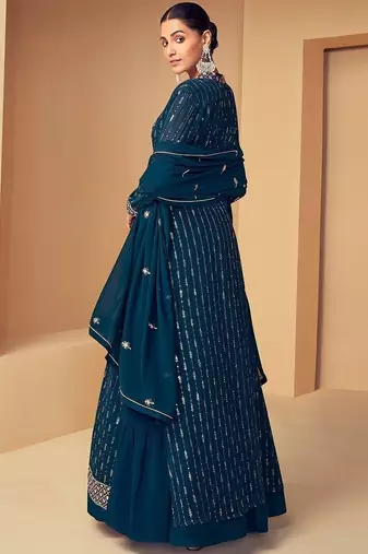 FIROZI EMBROIDERED SEQUINED WORK GEORGETTE FABRIC PARTY LEHENGA CHOLI DUPATTA WITH SHRUG.