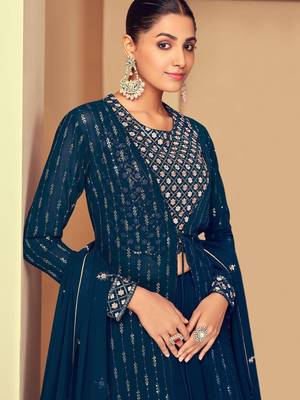 FIROZI EMBROIDERED SEQUINED WORK GEORGETTE FABRIC PARTY LEHENGA CHOLI DUPATTA WITH SHRUG. 3