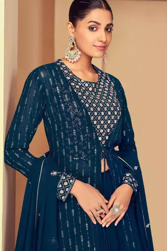 FIROZI EMBROIDERED SEQUINED WORK GEORGETTE FABRIC PARTY LEHENGA CHOLI DUPATTA WITH SHRUG.