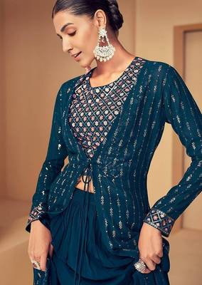 FIROZI EMBROIDERED SEQUINED WORK GEORGETTE FABRIC PARTY LEHENGA CHOLI DUPATTA WITH SHRUG. 5