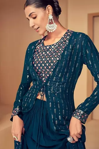 FIROZI EMBROIDERED SEQUINED WORK GEORGETTE FABRIC PARTY LEHENGA CHOLI DUPATTA WITH SHRUG.