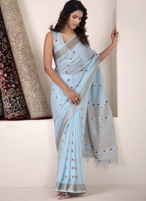 Sky blue linen beautiful tussle on pallu casual wear saree 1