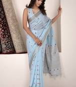 Sky blue linen beautiful tussle on pallu casual wear saree