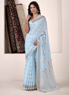 Sky blue linen beautiful tussle on pallu casual wear saree 2