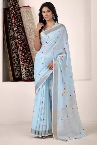 Sky blue linen beautiful tussle on pallu casual wear saree