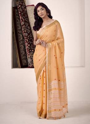 Orange linen beautiful tussle on pallu casual wear saree 1