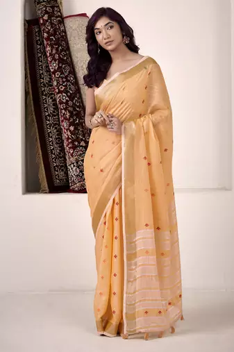 Orange linen beautiful tussle on pallu casual wear saree