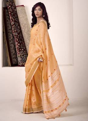 Orange linen beautiful tussle on pallu casual wear saree 2