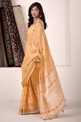 Orange linen beautiful tussle on pallu casual wear saree