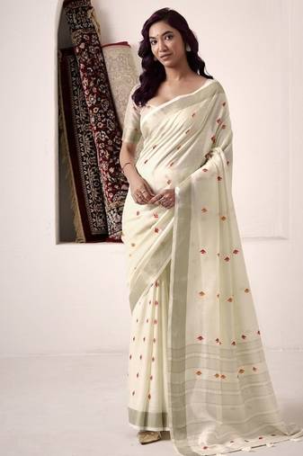 Off-white linen beautiful tussle on pallu casual wear saree