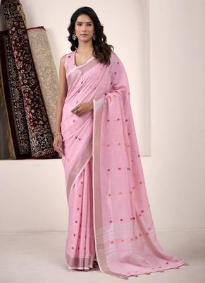 Baby pink linen beautiful tussle on pallu casual wear saree 1