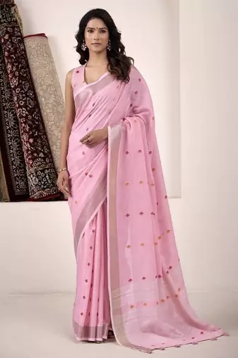 Baby pink linen beautiful tussle on pallu casual wear saree