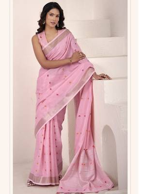 Baby pink linen beautiful tussle on pallu casual wear saree 2