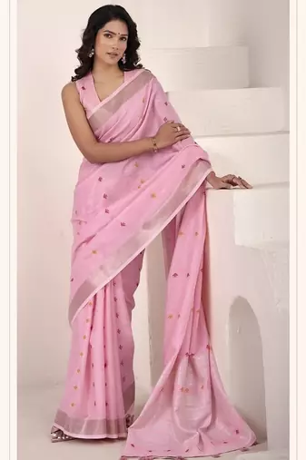 Baby pink linen beautiful tussle on pallu casual wear saree