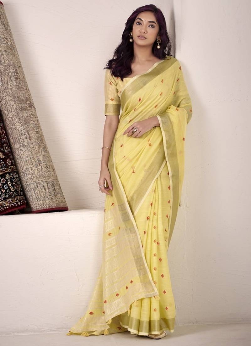 Lemon linen beautiful tussle on pallu casual wear saree