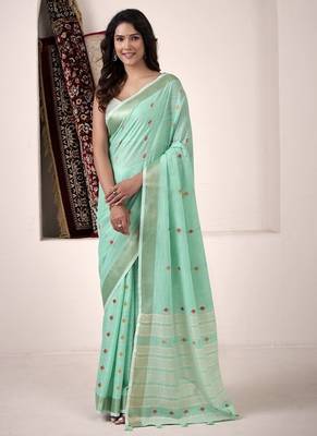 Turquoise linen beautiful tussle on pallu casual wear saree 1