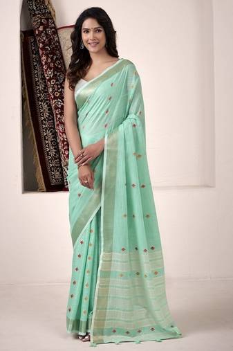 Turquoise linen beautiful tussle on pallu casual wear saree