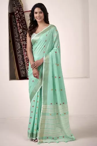 Turquoise linen beautiful tussle on pallu casual wear saree