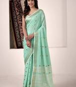 Turquoise linen beautiful tussle on pallu casual wear saree