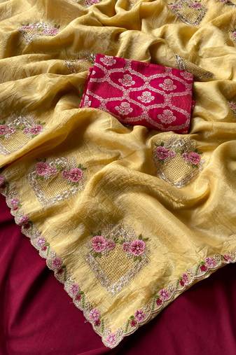 Yellow Paper Silk blend Crush Saree With Swarovski Work On The Buttas N Cutwork Border