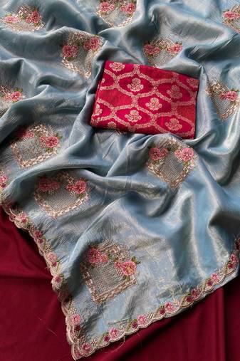 Sky Paper Silk Blend Crush Saree With Swarovski Work On The Buttas N Cutwork Border