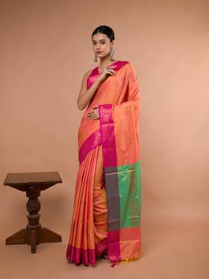 Orange Blended Silk Saree With Broad Pink Border 1
