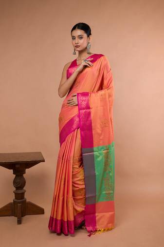 Orange Blended Silk Saree With Broad Pink Border
