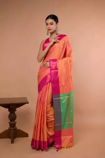 Orange Blended Silk Saree With Broad Pink Border