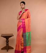 Orange Blended Silk Saree With Broad Pink Border
