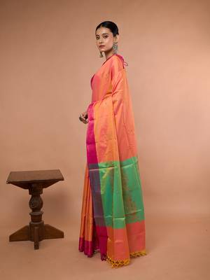 Orange Blended Silk Saree With Broad Pink Border 2