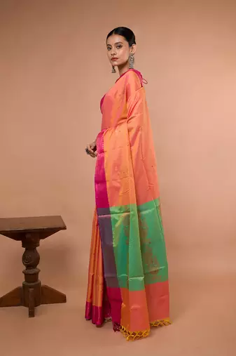 Orange Blended Silk Saree With Broad Pink Border