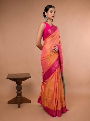 Orange Blended Silk Saree With Broad Pink Border 3