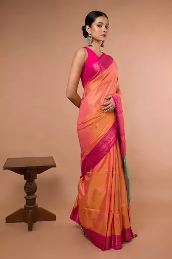 Orange Blended Silk Saree With Broad Pink Border