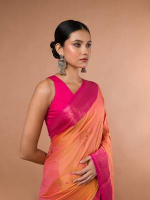 Orange Blended Silk Saree With Broad Pink Border 4
