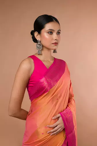 Orange Blended Silk Saree With Broad Pink Border